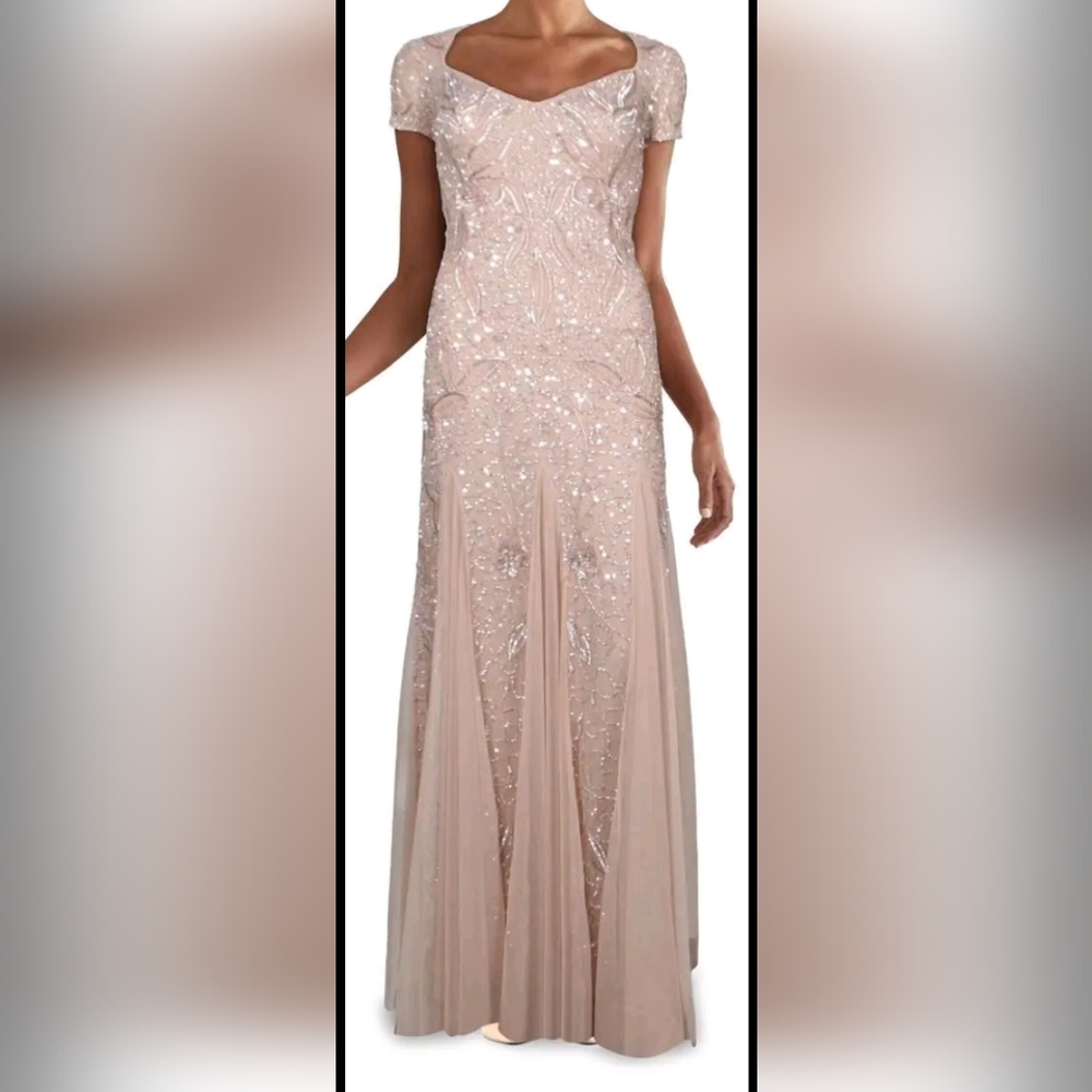 Adrianna Pappel Beads/ Sequins Flare Godet Gown Sz 10 Blush Fully Lined